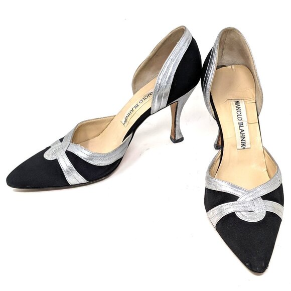 Manolo Blahnik Shoes - Manolo Blahnik D'Orsay Pumps Black Fabric Silver Heels VTG 80s Sz 36 Italy, 6 US